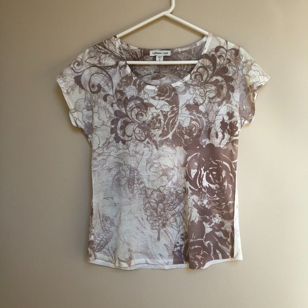 Coldwater Creek light brown floral shirt, size 8 (small)